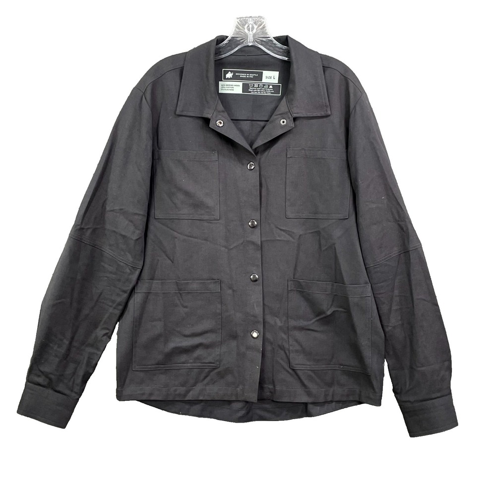 Woolly Shacket Mens Large Black Merino Wool Snap Front Utility Chore Workwear